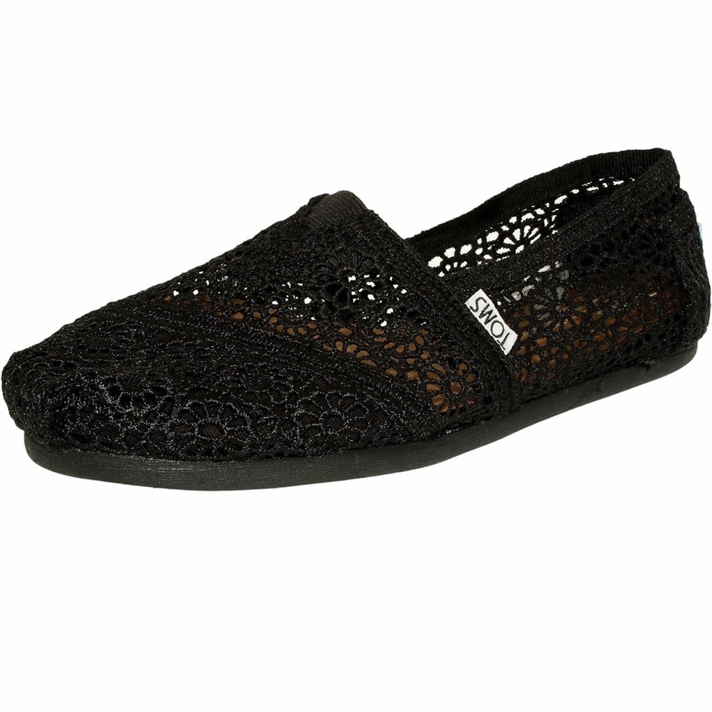 TOMS MOROCCAN BLACK CROCHET SLIP-ONS WOMENS